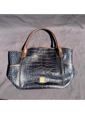 Dooney & Bourke Croc Embossed Leather Tote Navy Blue Brown Trim Large Satchel